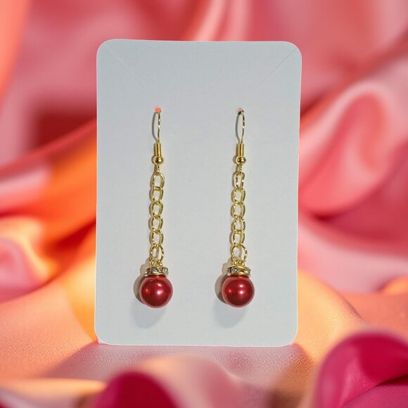 Red Christmas Ball Long Drop Earring on Gold Plated Chain Hand crafted - Picture 1 of 4